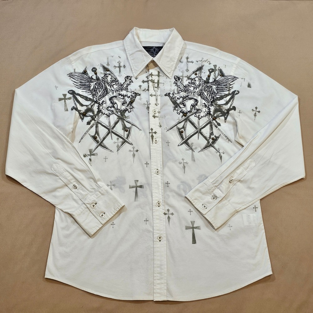 Roar Renegade Souls Mens White Graphic Button Down Shirt Studded Large Cross